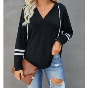 Long Sleeve Hoodie with Striped Sleeves & Drawstring – Casual Athleisure Top NWT